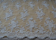 Floral Beaded Corded Lace Fabric , Ivory Embroidered Lace Fabric With Wavy Edging