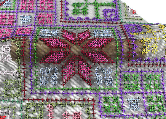 Multi Colored Cross - Stitched Embroidery Lace Fabric